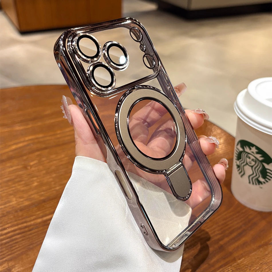 Iphone 17 Air Case Plating Magsafe Magnetic Bracket Case for iPhone 17 16 Pro 13 12 Max 15 14 16 Plus 17PRO Transparent Cove