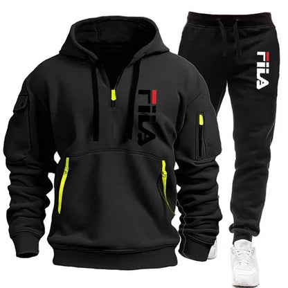 Autumn and Winter 2025 new men's hooded sweatshirt + pants two-piece set, outdoor multi-pocket men's pullover sportswear set