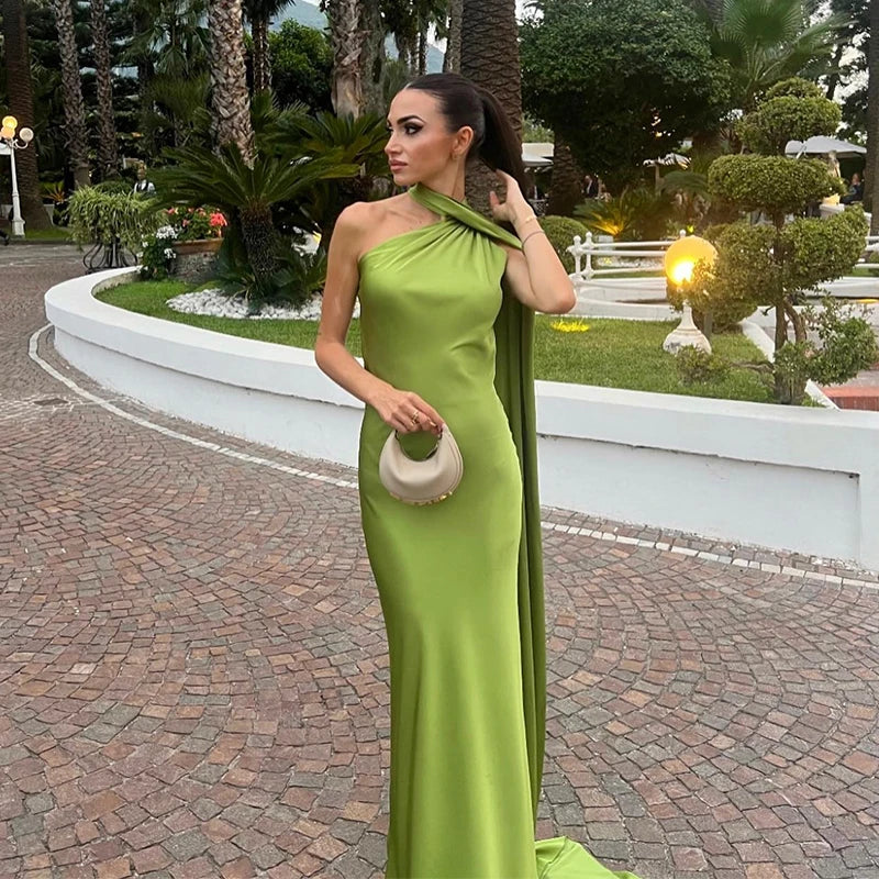 Elegant Ribbon Halter Dress Women Solid Off Shoulder Sleeveless Backless Slim Maxi Dresses 2025 Summer Autumn Party Robes Lady