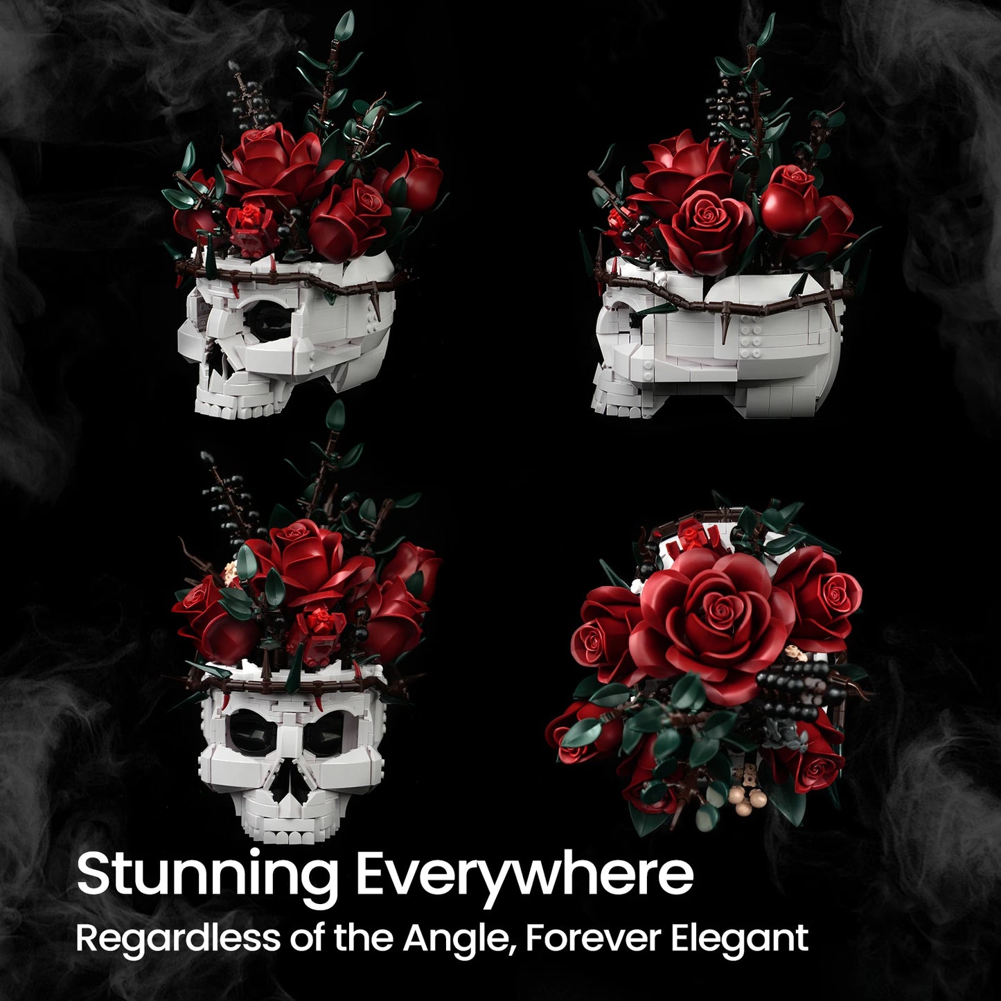 SupreOwls Skull Flowers Building Blocks Set Gothic Roses Bouquet Toy Skeleton Planter Pot Floral Decor Halloween Gifts for Adult