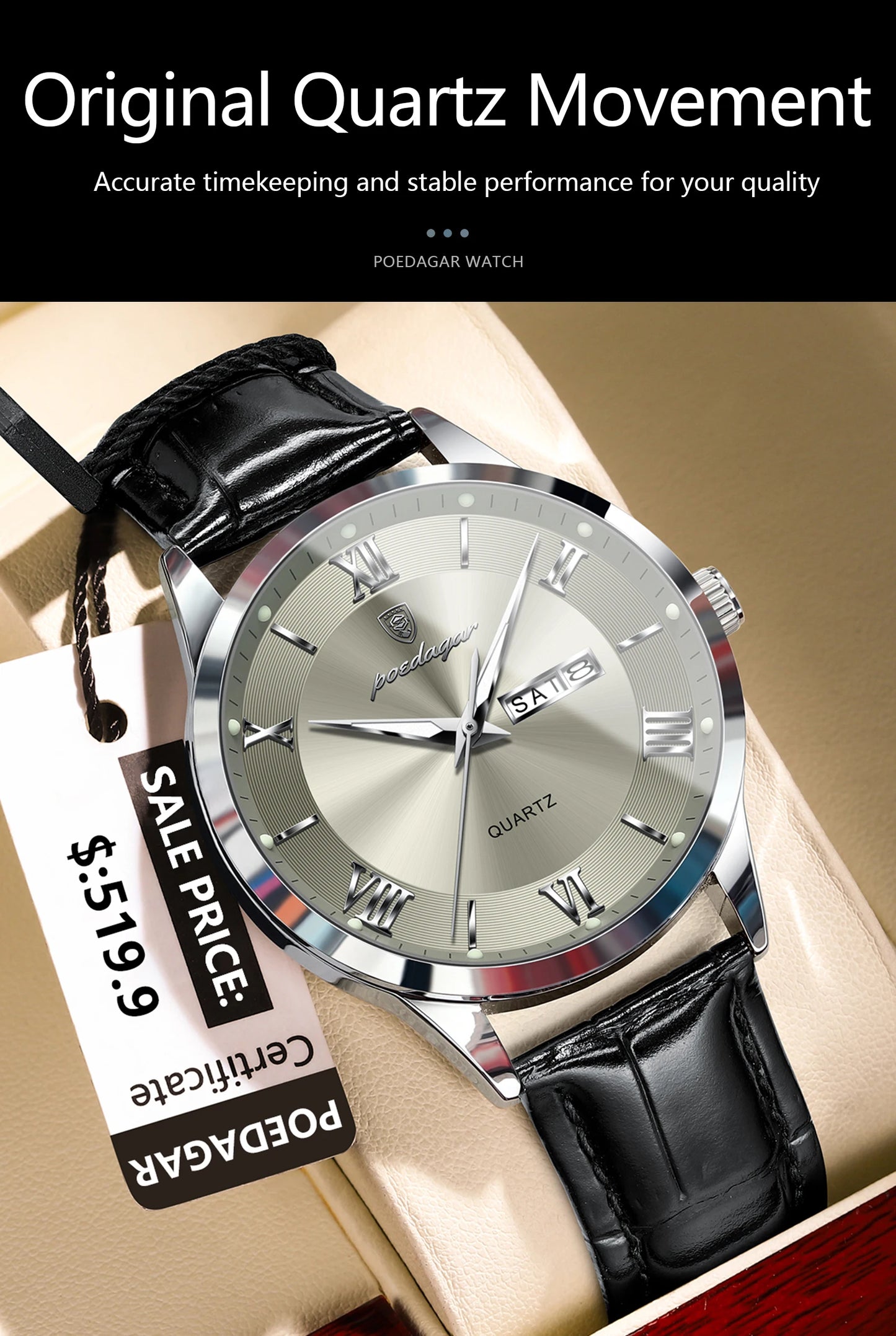 POEDAGAR Top Luxury Watch For Men Military Waterproof Luminous Date Week Man Wristwatch Leather Men's Quartz Watches Sport Reloj