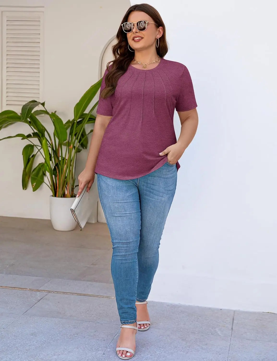 Womens Casual Crew Neck Short Sleeve Pleated Tops Blouses Fashion Clothes