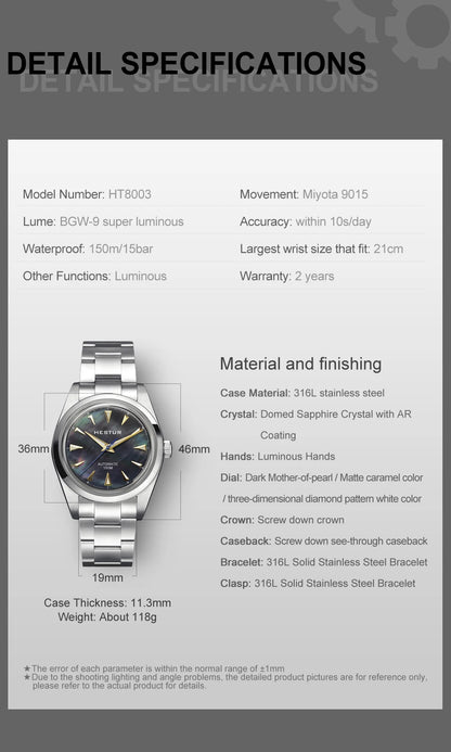 Hestur Luxury Men's Watch Automatic mechanical 36mm Miyoda 9015 15Bar Waterproof Vintage reloj hombre Sapphire Glass wrist Watch