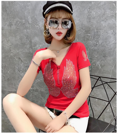 T-shirt For Summer Short Sleeve Pulovers Clothes Casual Aesthetic Cotton Tops Sexy V Neck Zipper Diamonds Tees