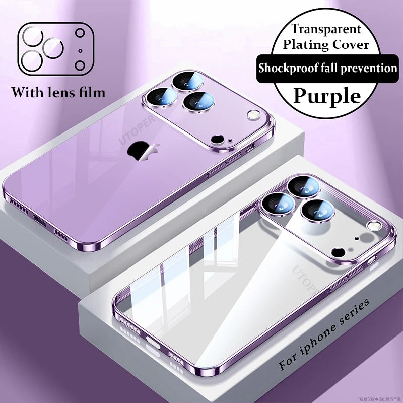 Plating Transparent with Lens Film Case for iPhone 17 Air 17 16 15 14 13 12 11 Pro Max Plus Anti-fall Damping Cover