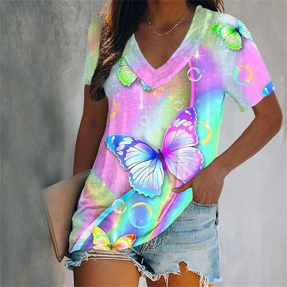 Colorful Tassels Print T-Shirt Fashion Women's Short Sleeve V-Neck T-Shirt Summer Casual Elegant Women's Large Size T-Shirt