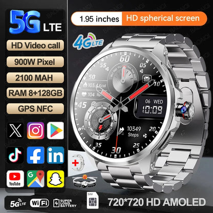Full Network GPS WIFI Smart Watch Men 8GB+128GB RAM 1.95 inch AMOLED Screen 900W Camera Google APPS Smartwatch Android 9.0