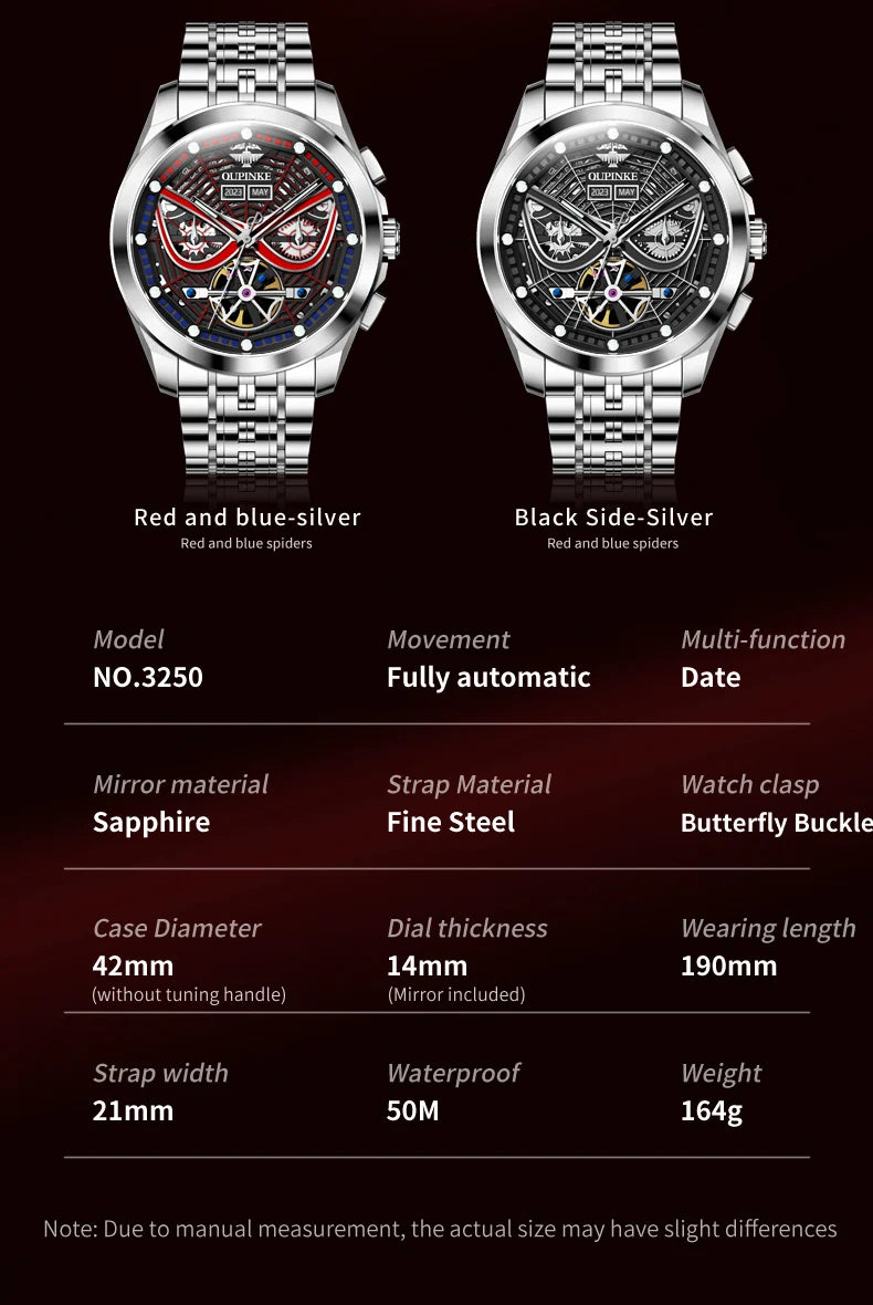 OUPINKE 3250 Original Men's Watch Deep Waterproof 3D Skeleton Stainless steel Automatic Mechanical Wristwatch Men Official Watch