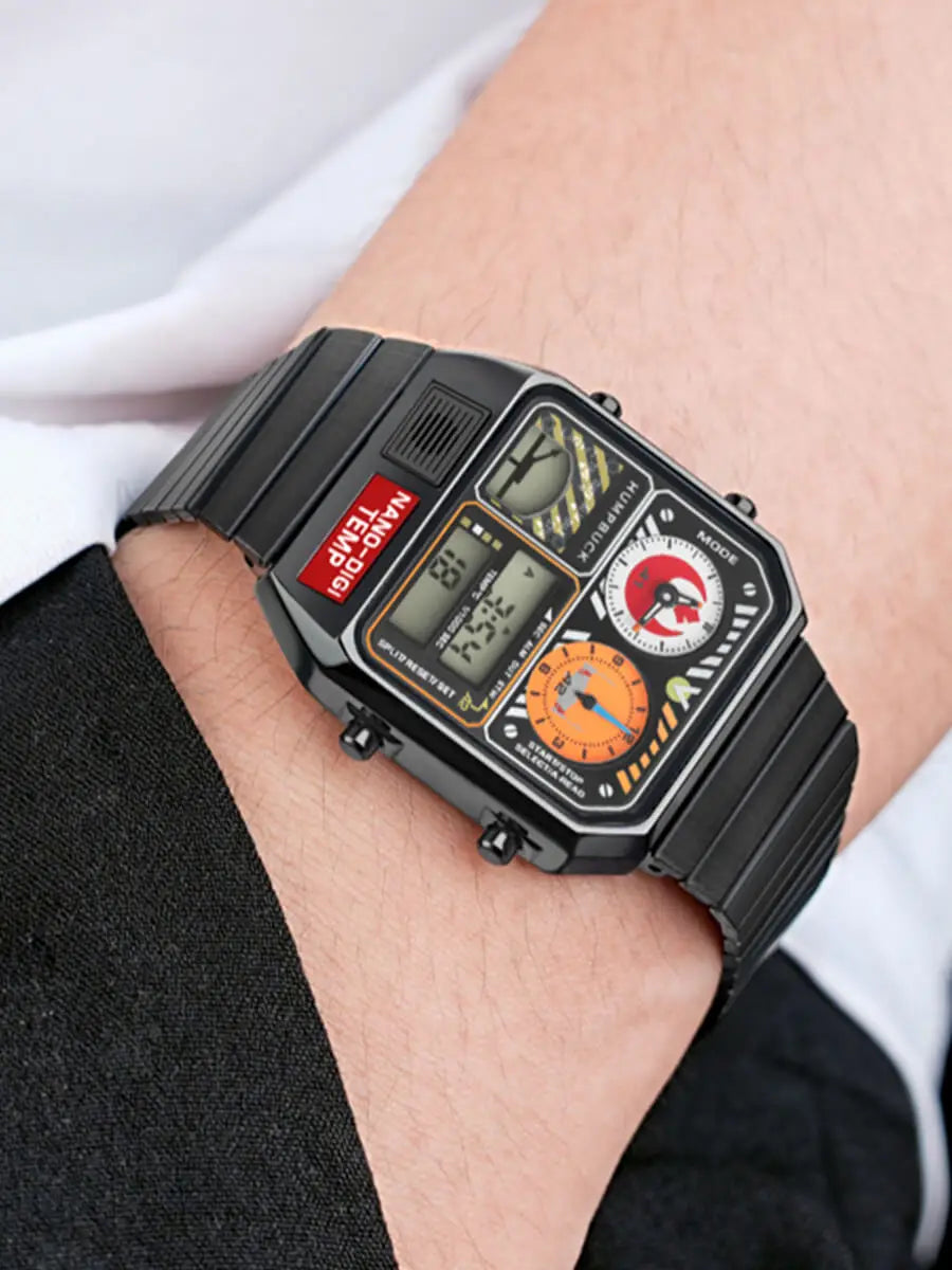 HUMPBUCK DIGITEMP Classic Design Stainless Steel Watches for men with LED Digital Display and Temperature Calendar