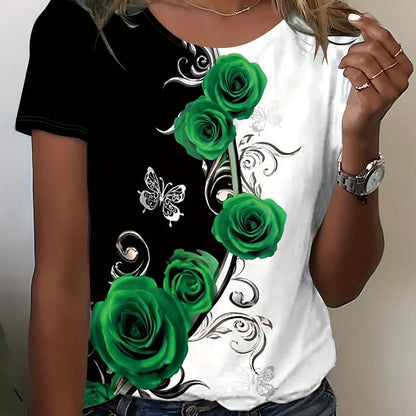 Colorful Rose Flower Print Round Neck Women's T-shirt Summer Versatile And Refreshing Y2K T-shirt