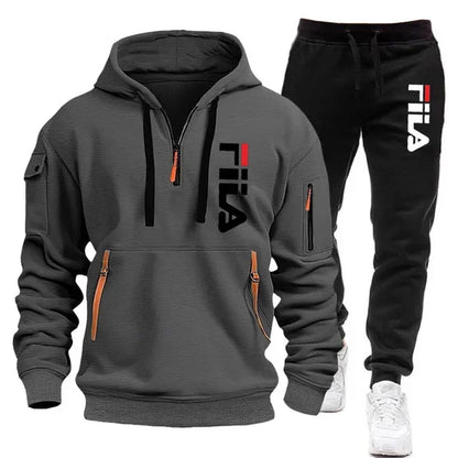 Autumn and Winter 2025 new men's hooded sweatshirt + pants two-piece set, outdoor multi-pocket men's pullover sportswear set