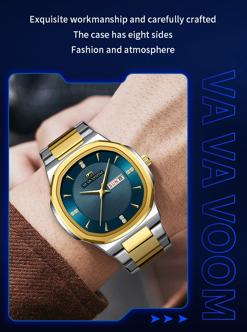 VA VA VOOM Men Watch Fashion Silver Black Stainless Steel 41mm Casual Business Style Week 3Bar Waterproof Sports Quartz Watches