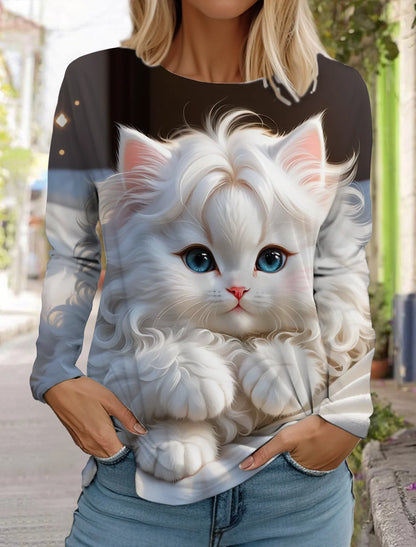 Long Sleeve 3D Printed Kitten Cute Print T-Shirt Women's Streetwear Round Neck Long Sleeve