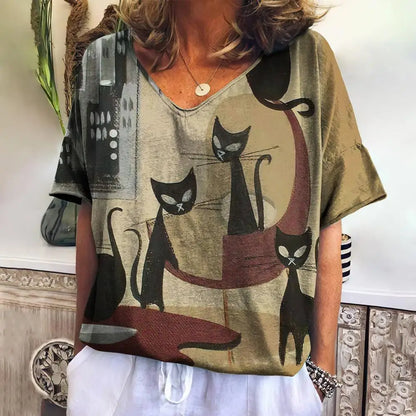 Women T Shirts Cartoon Cat Graphic Girls Clothing Large Size V Neck Short Sleeve Tee Summer Fashion Casual Female Clothing