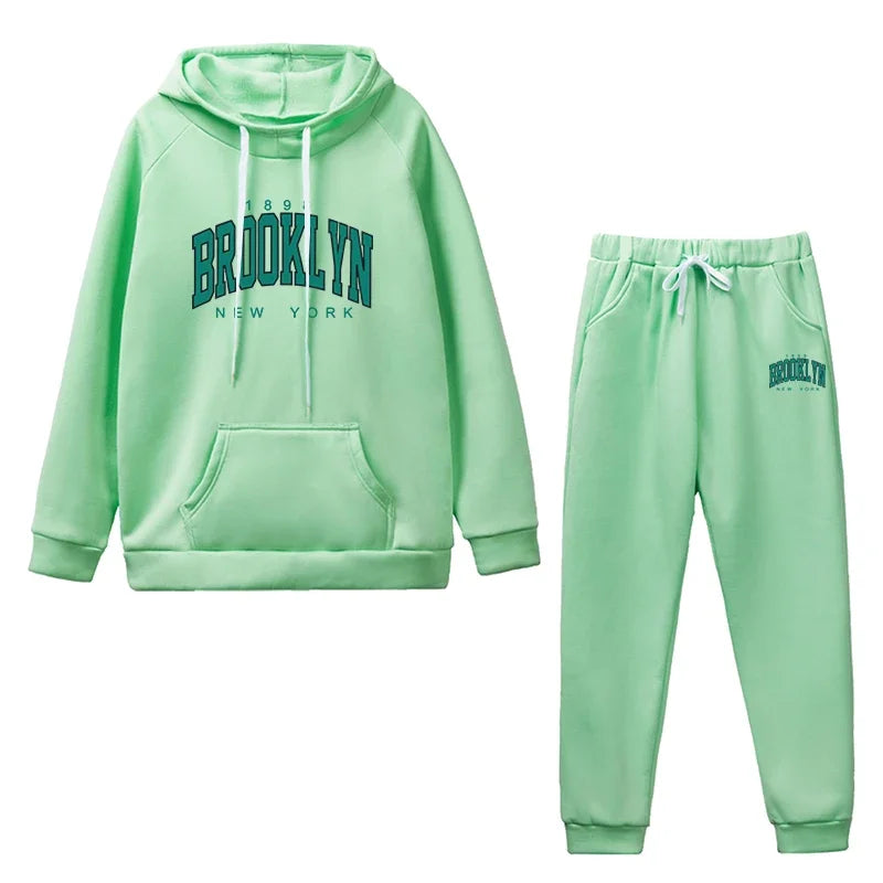 Women's Autumn Winter Casual Sports Jogging Suits Green Brooklyn Printed Hoodies and Sweatpants Girls Urban Fashion Warm Outfits