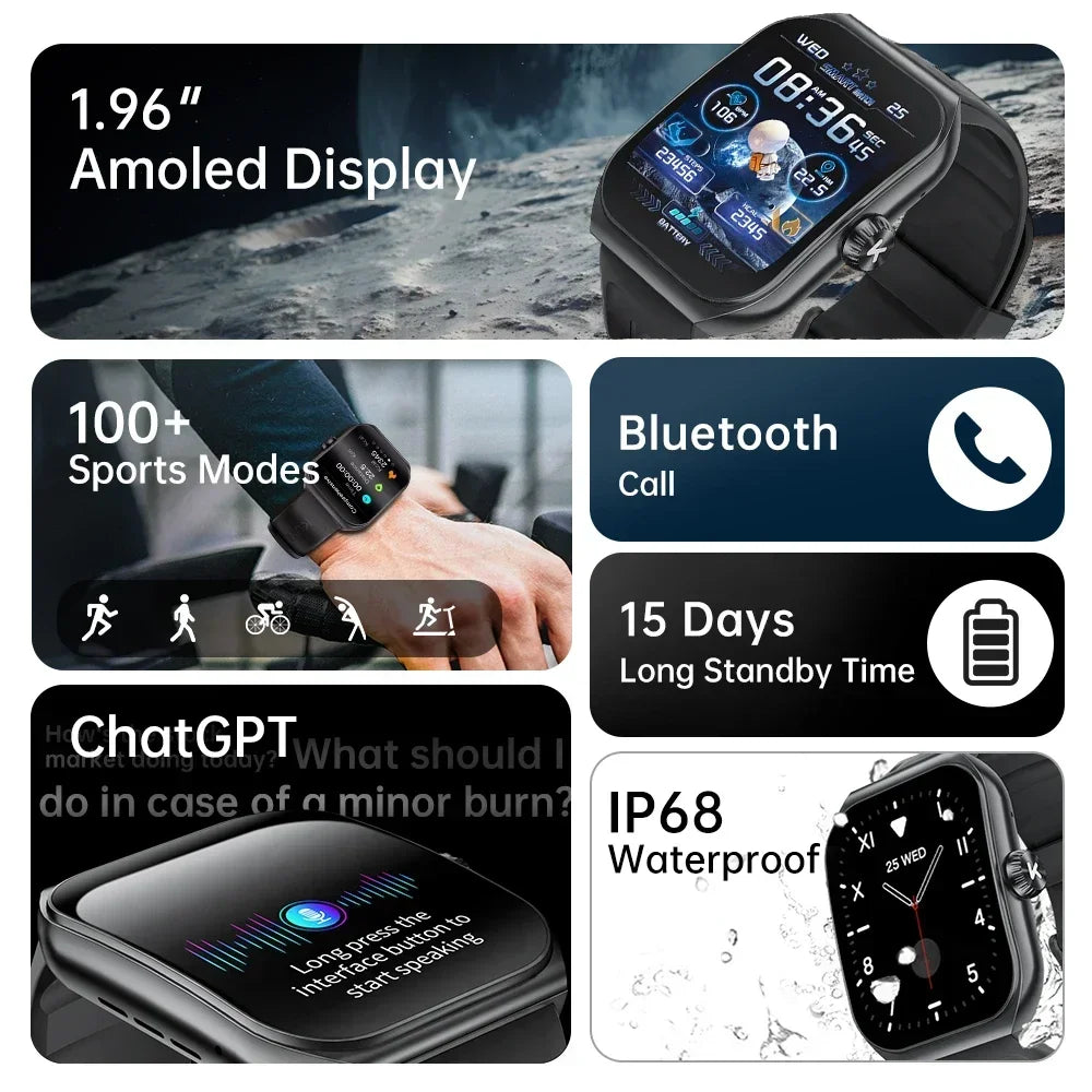 KUMI KU7 Smart watch 1.96" Amoled screen IP68 Waterproof 100+Sport Modes  Bluetooth Call Health Sleep Monitoring
