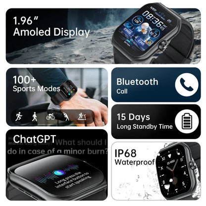 KUMI KU7 Smart watch 1.96" Amoled screen IP68 Waterproof 100+Sport Modes  Bluetooth Call Health Sleep Monitoring