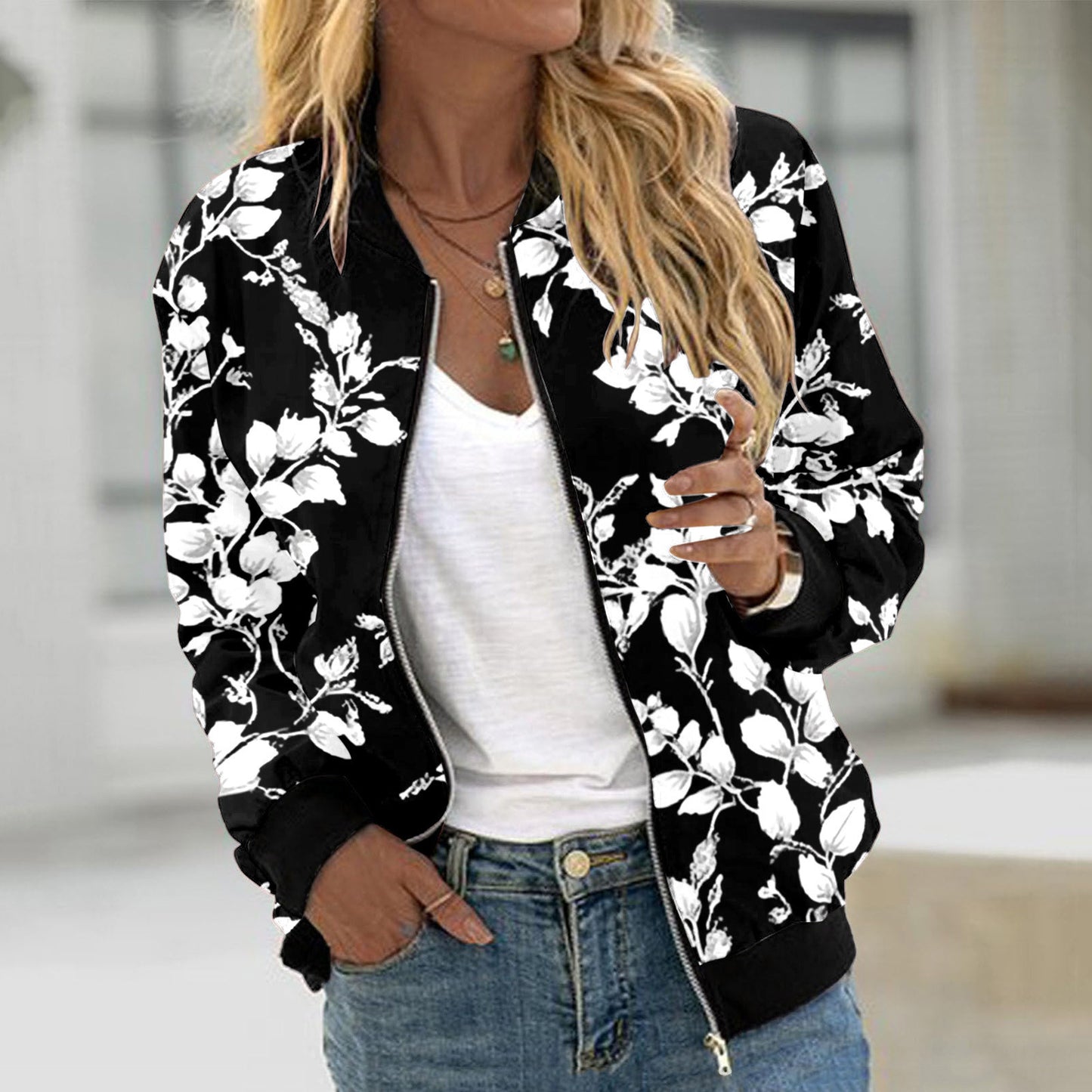 Autumn Bomber Jacket For Women Fashion Flower Print Outwear Stand Collar Zipper Baseball Coat Elegant Slim Basic Ladies Jackets