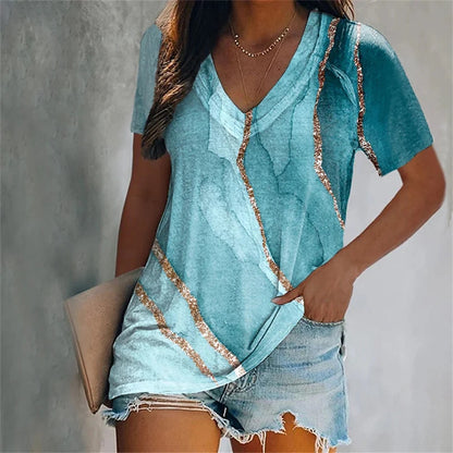 Colorful Tassels Print T-Shirt Fashion Women's Short Sleeve V-Neck T-Shirt Summer Casual Elegant Women's Large Size T-Shirt