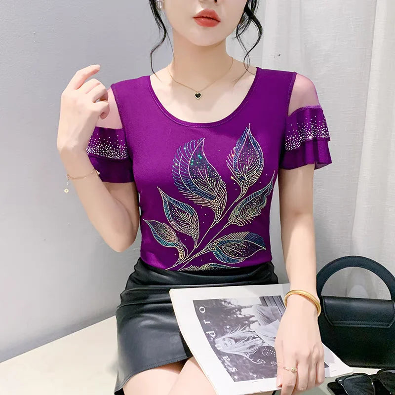 T-shirt For Summer Short Sleeve Pulovers Clothes Casual Aesthetic Cotton Tops Sexy V Neck Zipper Diamonds Tees