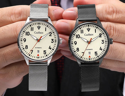 CADISEN Automatic Watch Men Luminous Stainless Steel Self-Wind Wristwatch NH35A Sapphire Waterproof Mesh Belt Mechanical Watch