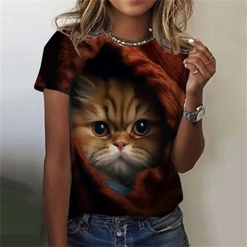 T-shirt 3D Printed Kawaii Cat Pattern Short Sleeved Round neck Top Summer Outdoor Casual Street Simple Clothing