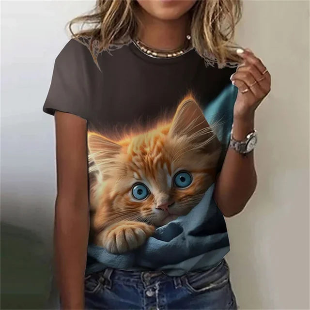 T-shirt 3D Printed Kawaii Cat Pattern Short Sleeved Round neck Top Summer Outdoor Casual Street Simple Clothing