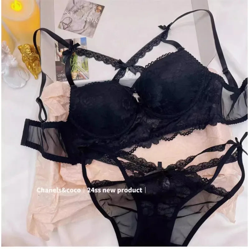 Lingerie Japanese Lace Bra Set, Heart Pendant Purple Lingerie Sexy & Pure Small Chest Push Up Bralette, Fashion Outerwear Design Enhancer