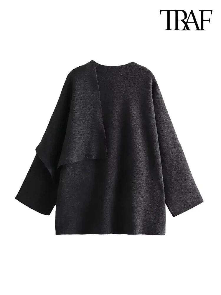 TRAF Women's Fashion Fall and Winter Comfortable Casual Commuter Coat Knitted Loose Warm Coat Asymmetric Elegant Split Jacket