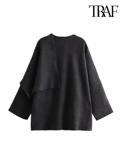 TRAF Women's Fashion Fall and Winter Comfortable Casual Commuter Coat Knitted Loose Warm Coat Asymmetric Elegant Split Jacket
