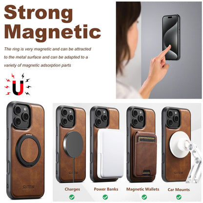 Strong Magnetic Compatible MagSafe Wireless Charging 360° Rotating Ring Stand PU Leather Phone Case For iPhone 17 16 15 14 13 12