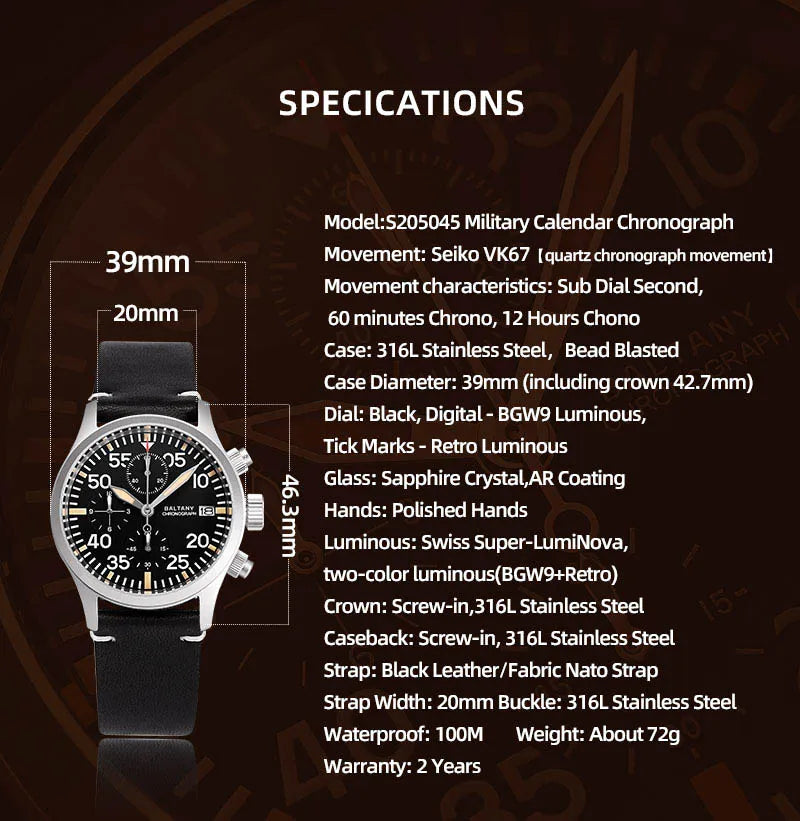 Baltany 39mm Military Chronograph Watch Man S5045 Sapphire Crystal 10ATM Stainless Steel VK67 Calendar Retro Quartz Wristwatches