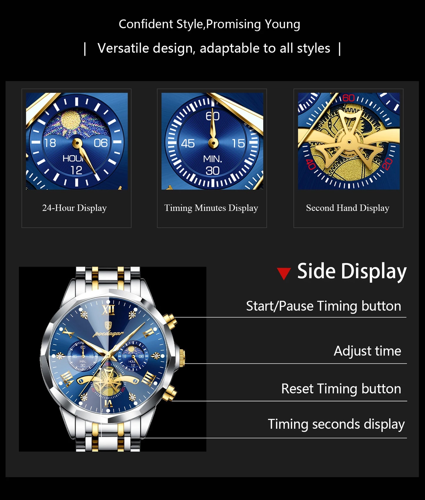 POEDAGAR Luxury Men Watch Top Original Waterproof Luminous Chronograph Man Wristwatch Stainless Steel Quartz Men's Watches Reloj