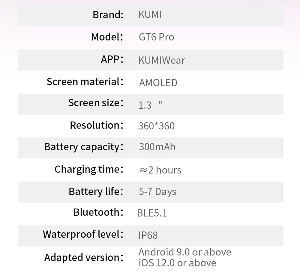 KUMI GT6 Pro 1.3" 360*360 AMOLED Smart watch 100+Sport Modes IP68 waterproof Bluetooth call Sleep Healthy Monitor for iOSAndroid