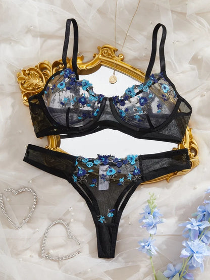 Embroidery Flower Transparent Underwear Bra Thong Set Ultra Thin Cup Large Size Perspective Wire Free Bikini Suit Women 2 Piece