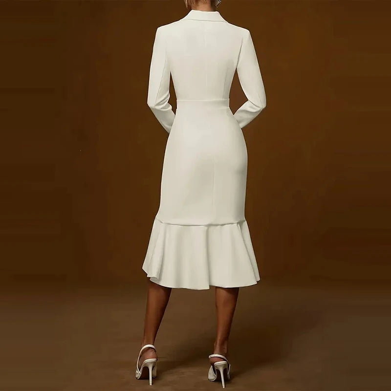 Lapel V-neck Fishtail Dress For Women Fashion Commute Hight Waist Solid Long Dress Casual Long Sleeve Ruffle Party Dress