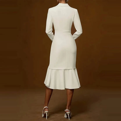 Lapel V-neck Fishtail Dress For Women Fashion Commute Hight Waist Solid Long Dress Casual Long Sleeve Ruffle Party Dress