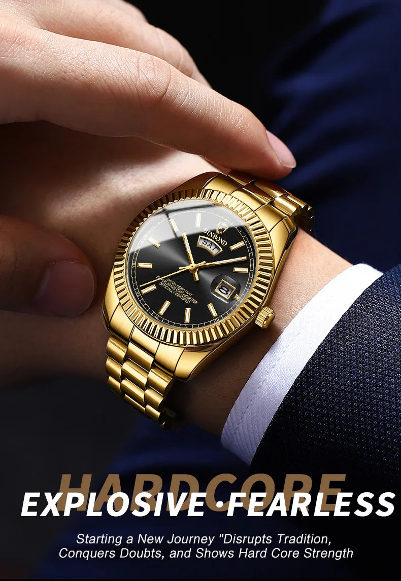 BINBOND Mens Quartz Watch Top Brand Sports Quartz Mens Watches Stainless Steel Waterproof Date Week Wristwatch Men Relogio