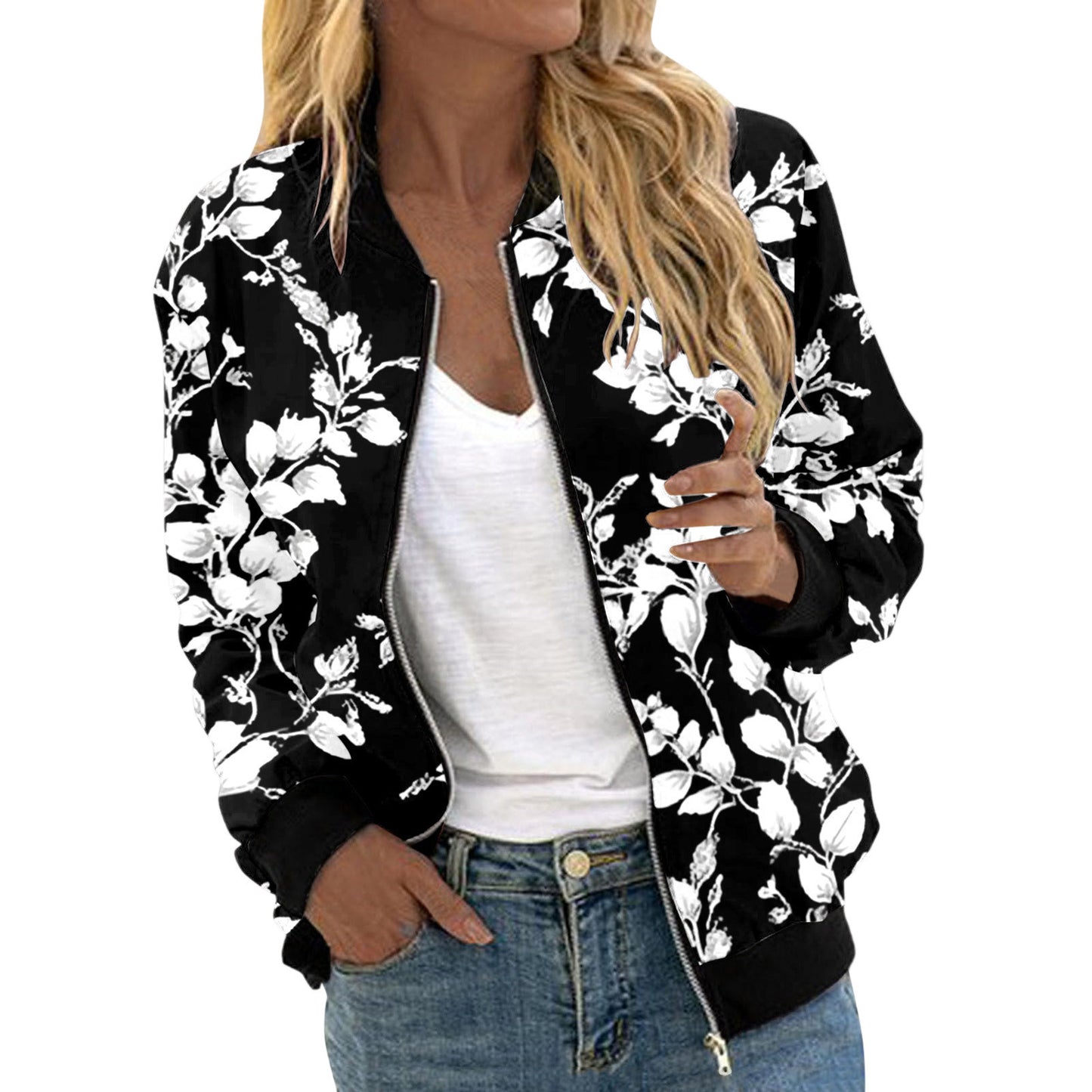 Autumn Bomber Jacket For Women Fashion Flower Print Outwear Stand Collar Zipper Baseball Coat Elegant Slim Basic Ladies Jackets