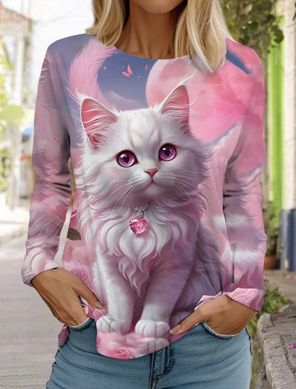 Long Sleeve 3D Printed Kitten Cute Print T-Shirt Women's Streetwear Round Neck Long Sleeve
