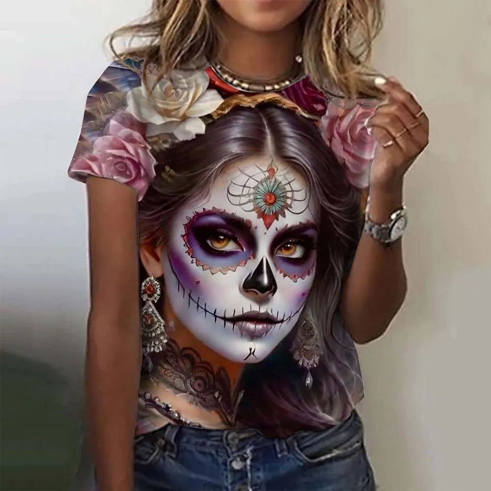 T-shirt for Girls Summer Short Sleeve Casual Sexy Girls Clothes Horror Undead Skull Pattern oversized T-shirts