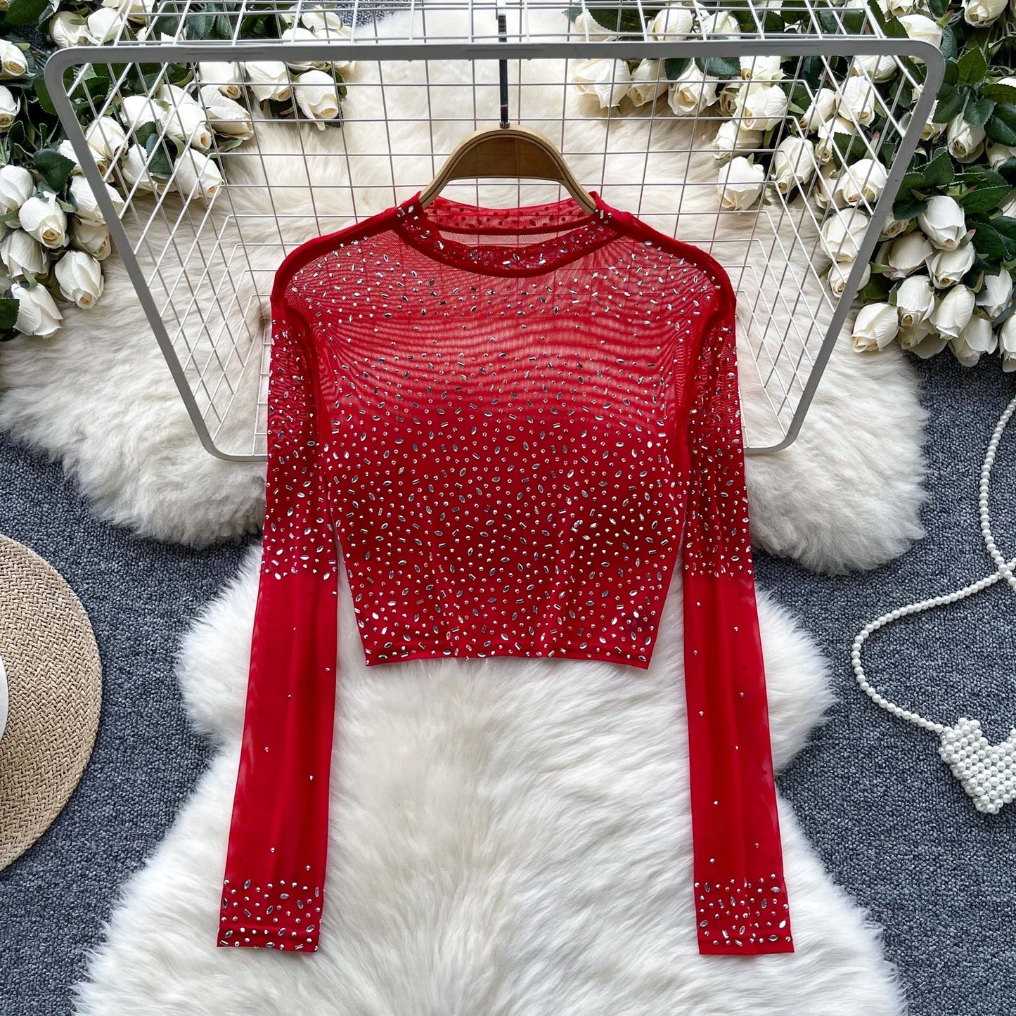 Thin See-tough Long Sve Me T-shirt ort Heavy-du Rhinestone Base irt Korean Sle Creative Pattern