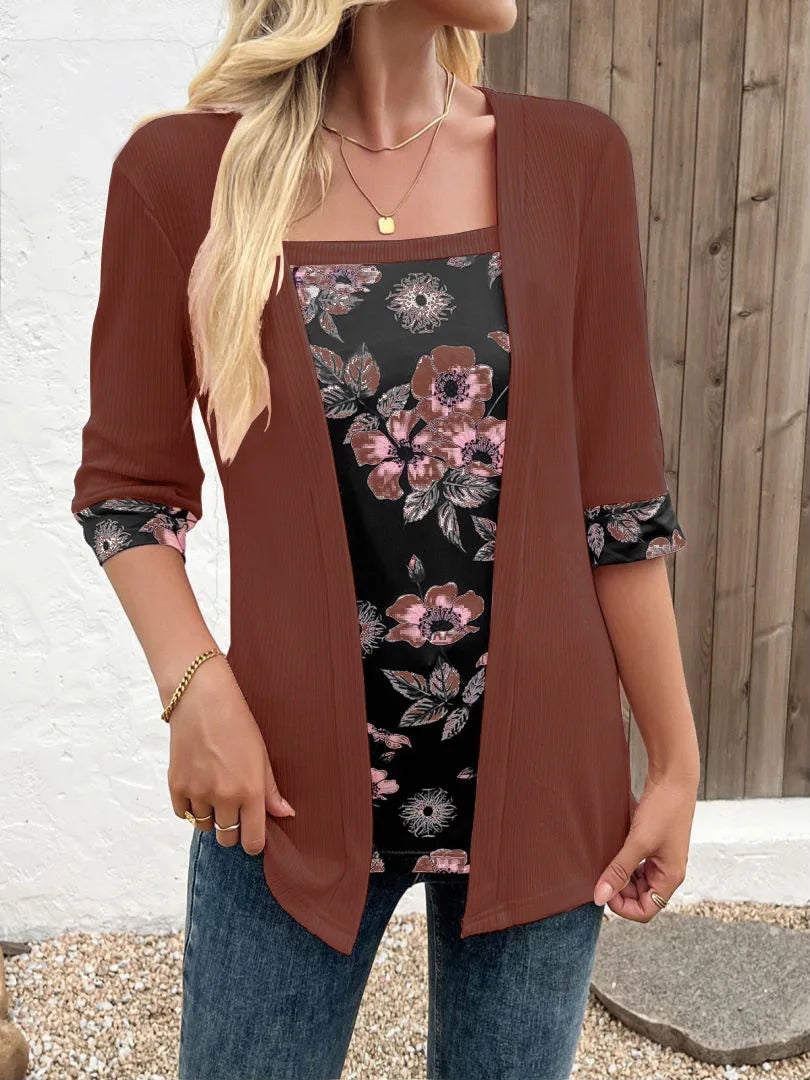 European,Clothes,Elastic,T-Shirt,Women,Chic,Sexy,Fake two pieces,Patchwork,Print,Tops,Half Sleeve,Loose,Tees,