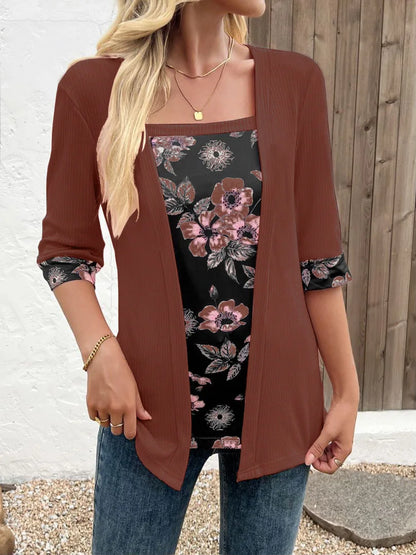 European,Clothes,Elastic,T-Shirt,Women,Chic,Sexy,Fake two pieces,Patchwork,Print,Tops,Half Sleeve,Loose,Tees,