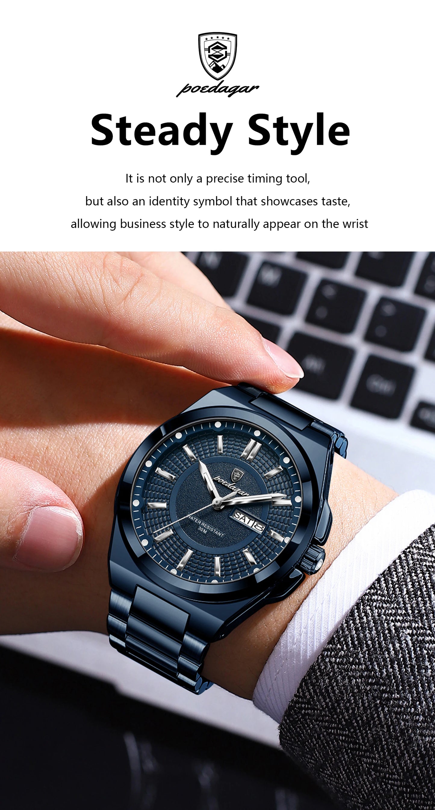 POEDAGAR Sport Original Men Clock Quartz Date Week Luxury Man Wristwatch Waterproof Luminous Stainless Steel Men's Watches Reloj