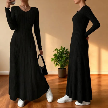 Long Sleeve A- Line Streetwear Dress For Women Smooths And Slims Your Silhouette Solid Color Long Dress