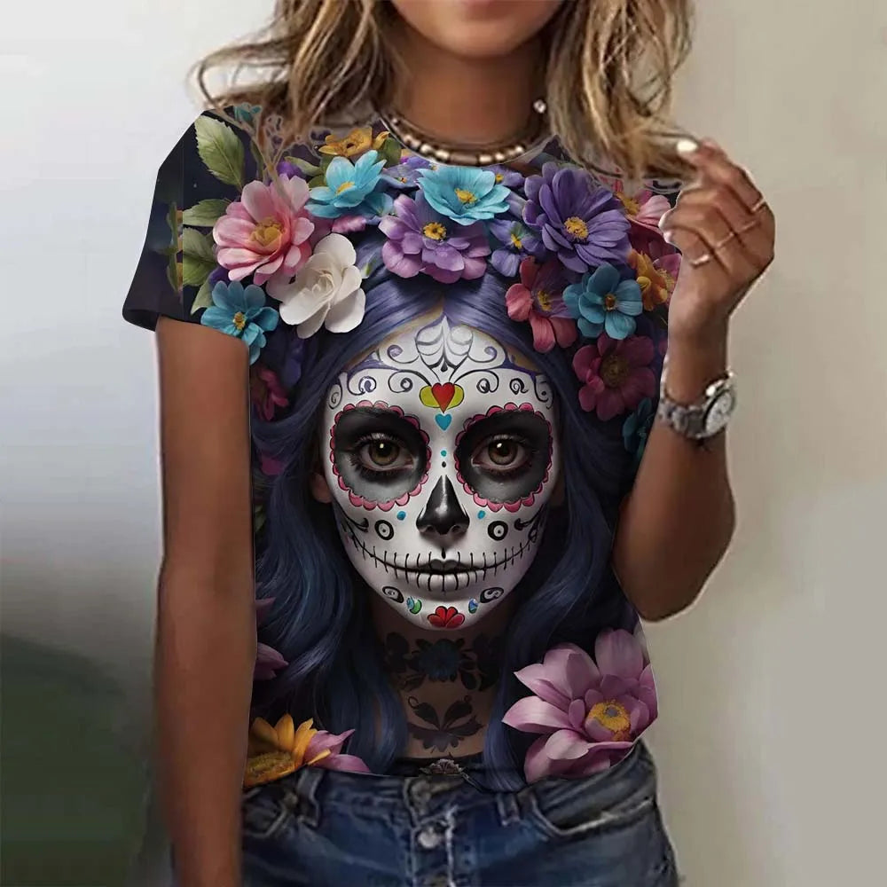 T-shirt for Girls Summer Short Sleeve Casual Sexy Girls Clothes Horror Undead Skull Pattern oversized T-shirts