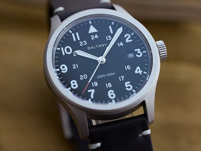 Baltany Men Quartz Field Watch S2082 10-Year Life Battery Luminous Leather Sapphire Stainless Steel Date Retro Military Watches