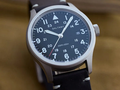 Baltany Men Quartz Field Watch S2082 10-Year Life Battery Luminous Leather Sapphire Stainless Steel Date Retro Military Watches