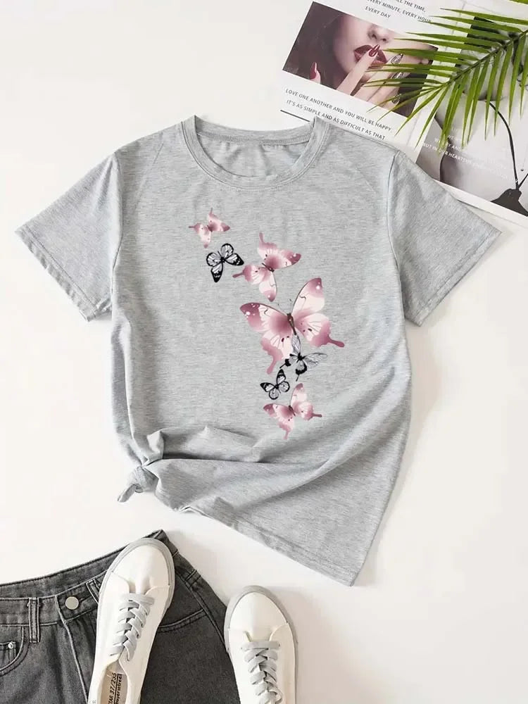 Fashion Butterfly Print Harajuku Female Harajuku Short Sleeve Casual Women's T-shirt Clothing Street Tops Tees Aesthetic Clothes